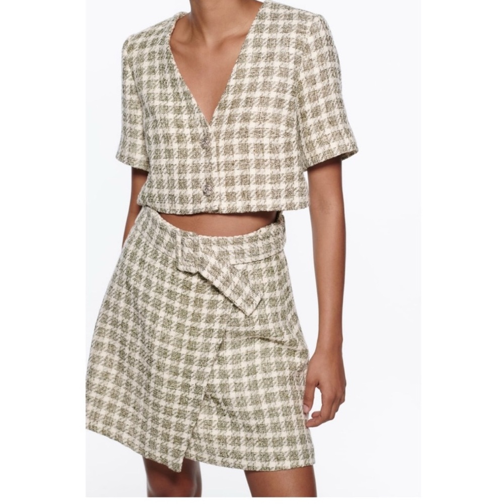 ZARA Ecru Textured Check Cut-Out Mini Dress